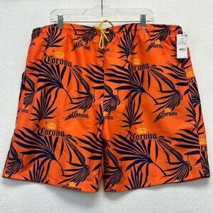 Corona Orange Tropical Swim Trunks w/ Blue Palm Leaf Print Mens Size 2XL